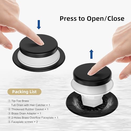 Matte Black Tub Drain Kit with Hair Catcher, Premium Brass Tip-Toe Bathroom Tub Drain Replacement and 2-Hole Overflow Faceplate, 11.5/16 UNC Bathtub Drain Stopper Assembly - color: Matte Black