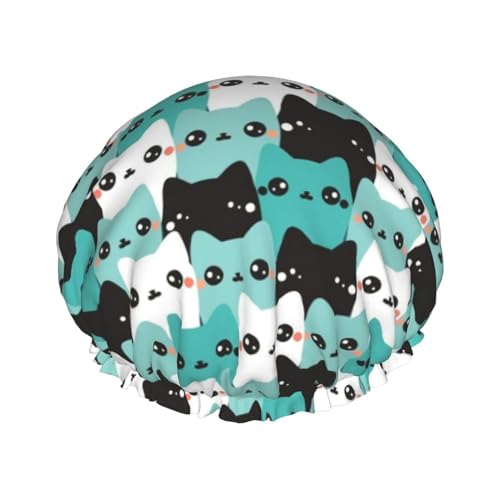 Cat Pattern Shower Cap For Women Reusable Waterproof Double Layers Bath Cap Hair Protection Elastic Ladies Spa Salon Shower Hat - color: Cat Pattern