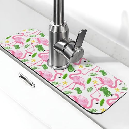 Faucet Draining Mat For Kitchen Sink, Pink Flamingo Leaf Diatom Mud Absorbent Drain Pad For Bathroom Kitchen Sink Splash Guard Drying Mat - color: Pink Flamingo Leaf, size: One Size