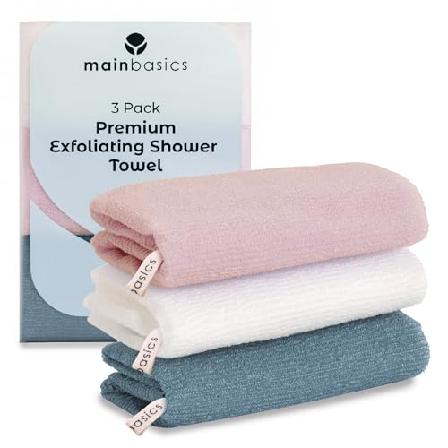 MainBasics Japanese Deep Exfoliating Shower Towel, 3 Pack, Airy Blossom | Japanese Nylon, Body Washcloth, Textured for Effective Exfoliation, Quick-Dry, Durable, Helps Reveal Smoother Skin - color: Airy Blossom