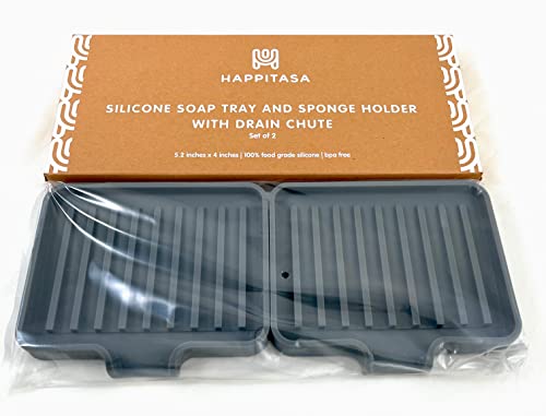 Silicone Soap Dish Tray and Sponge Holder with Drain Chute, Rectangular, Kitchen and Bathroom Sink Organizer (Grey, 5.2"x4" (Set of 2), 7.2 Ounces) - color: Gray, size: (SM) 5.2"x4" (2pcs)
