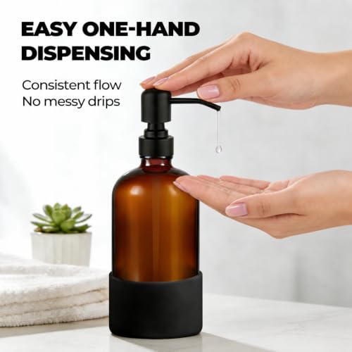 16 oz Hand and Dish Soap Dispenser Set for Kitchen and Bathroom, 500ml Amber Glass Soap Dispenser with Stainless Steel Pump, Non-Slip Silicone Sleeves, Labels - 2 Pack - color: Amber