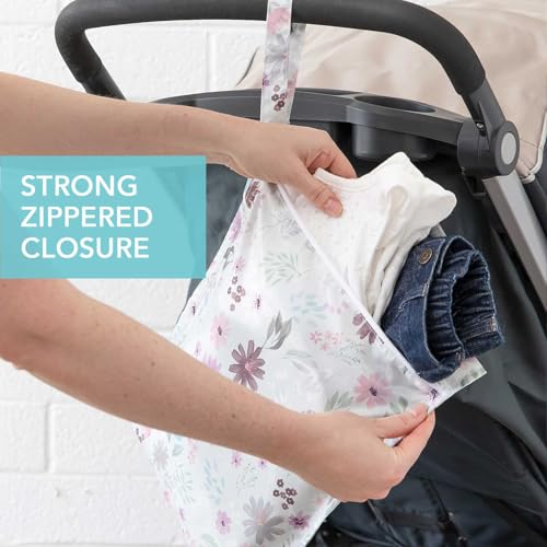 Bumkins Waterproof Wet Bag for Baby, Travel, Swim Suit, Cloth Diapers, Pump Parts, Pool, Beach, Gym Clothes, Toiletry, Hook to Stroller, Daycare, Zipper Reusable Wetdry Packing Pouch, Florals Gray - color: D2 Floral, style: Wet Bag