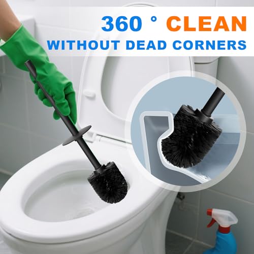 304 Stainless Steel Toilet Bowl Brush and Holder Set, Circular Floor Toilet Brush Holder, Long Handle, Bathroom Heavy-Duty Cleaner, High-End Cylinder Wall, 2 Brush Head (Black) YIGUANXIN - color: H-black