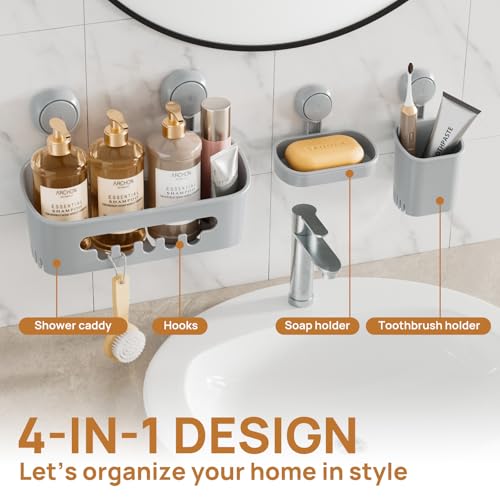 LEVERLOC Shower Caddy Suction Cup Set Shower Organizer & Soap Holder & Toothbrush Holder, Bathroom Shelf Basket NO-Drilling, Removable Suction Storage Waterproof Bathroom Caddy, Gray - color: 3 X Gray