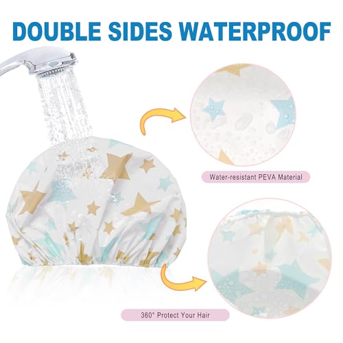 6 PCS Shower Caps for Women, Double Side Waterproof Shower Cap, Reusable Elastic Bath Caps for Shower, EVA Bathing Shower Caps, Bath Hair Caps - Star - color: Star