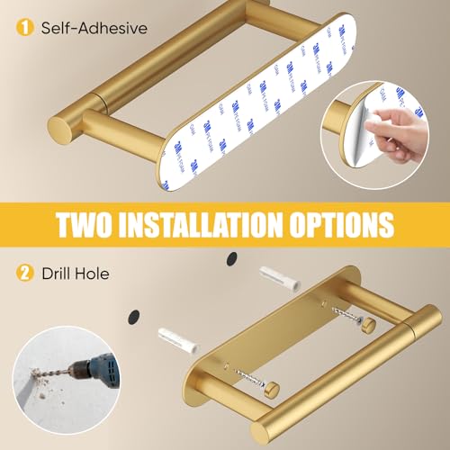 BESy Adhesive or Screw Toilet Paper Holder Wall Mount Rustproof Modern Roll Holder Flexible Pivoting Adjustable Tissue Handle with Self Adhesive or Mounted with Screws Stainless Steel Brushed Gold - color: Brushed Gold