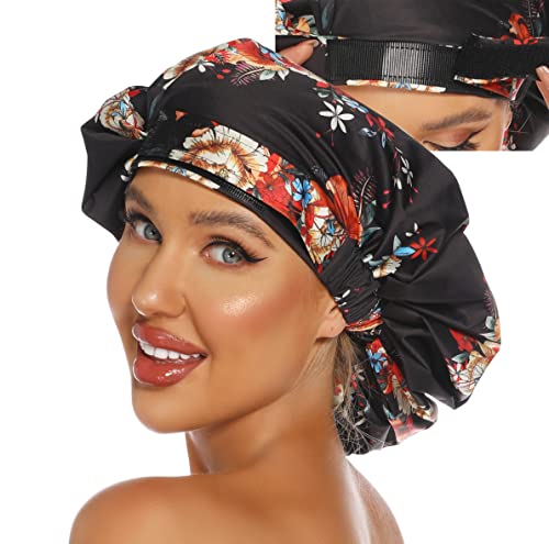 HIUMI Womens Shower Cap for Long Hair Luxury Shower Cap For Dreadlocks, Braids, Curls, Locs, Curly Hair，Mother's Day Gift （Black） - color: black2