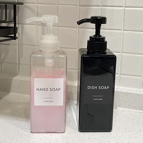 Soap Dispenser with Waterproof Labels, Thickened Plastic Hand Soap Dispenser for Bathroom, Kitchen Dish Washing Liquid Bottles, Shampoo and Conditioner Bottles with Funnel (16oz 4Pack Black Clear) - color: 2 Black + 2 Clear
