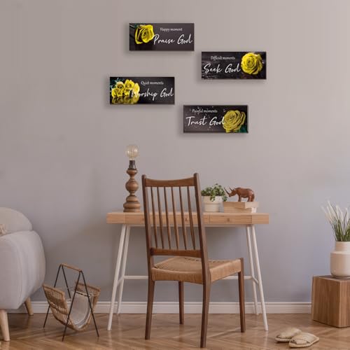 ONIZHITY 4Pcs Yellow Bathroom Decor Yellow Wall Decor Religious Bible Verse Rose Rustic Wooden Christian Sign for Home Bathroom Office Bedroom Living Room Kitchen(10x4") - color: Yellow Rose