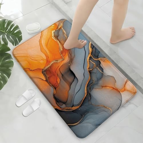 Black Gold Marble Bath Rug, Modern Orange Grey Abstract Marble Floor Mat Non-Slip Microfiber Soft Plush Bathroom Mat Carpets for Bedroom Kitchen Bathroom Toilet 17x29 Inch - color: Orange Gold