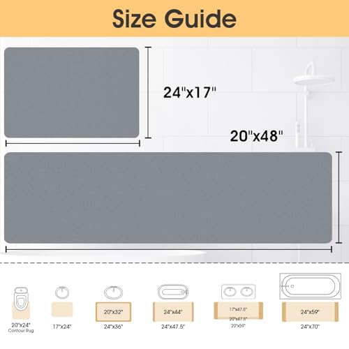 ACCUMTEK Non Slip Bath Mat, Thin Bathroom Rugs Fit Under Door, Quick Dry Bath Mats, Machine Washable Bath Rugs for Bathroom, Bathtub & Kitchen, Bathtub, Grey/Solid/24 x17+48"x20" - color: Grey, size: 24"x17"+48"x20"