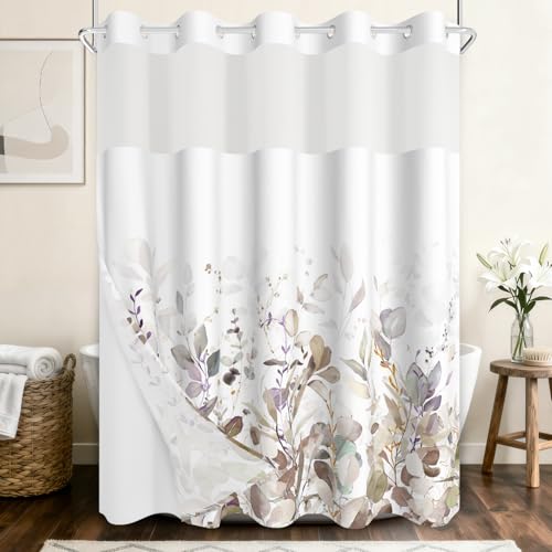 No Hook Shower Curtain with Snap in Liner Set, Neutral Watercolor Botanical Eucalyptus Foliage Print Shower Curtains for Farmhouse Boho Bathroom, Mesh Top Waterproof Bath Curtain, 71x74 Inch - color: Botanical-3