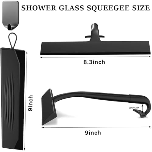 Shower Squeegee for Glass Doors, Bathroom Squeegee Set of 2 (Size 8.3"+9") | Hang Anywhere Silicone Shower Squeegee with Hook Design for Glass, Tile Wall, Mirror, Window, Streak-Free Cleaner Tool,Black