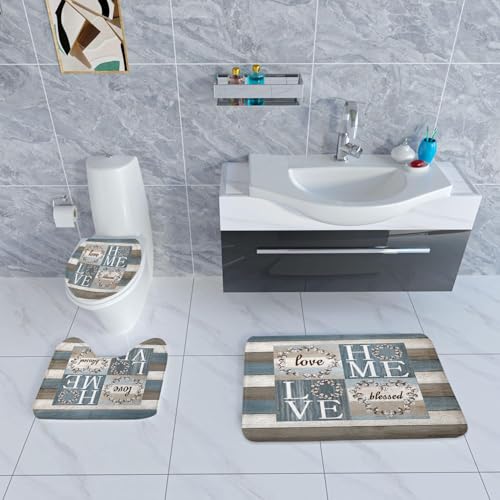 4PCS Rustic Floral Flower Sweet Love Home Fabric Shower Curtain Set, with Non-Slip Rugs, Toilet Lid Cover and Bath Mat Farmhouse Country Vintage Wood Plank Cotton Bathroom Decor Waterproof 72x72 - color: Home