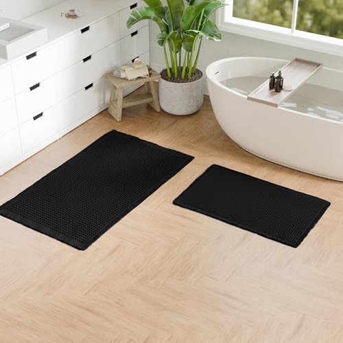 Hiasan Set of 2 Waffle Bath Mat, Super Absorbent Non Slip Bathroom Boho Rug with Tassels, Machine Washable Bath Mats for Bathroom, Ultra Soft Rubber Backed Rug, Black, 16" x 24" + 20" x 32" - color: Black, size: 16" x 24" + 20" x 32"
