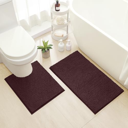 HOMEIDEAS Bathroom Rugs Set 2 Pieces, Ultra Soft Non Slip Absorbent Chenille Toilet Bath Mat Set (Brown) - color: Brown-brown, size: 1'8" x 2'8" (U Shape 20"x24"+20"x32")