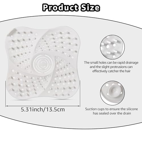 Silicone Hair Catchers Drain Screens 2-Pack, 5.31-inch Square Shower Drain Protectors Strainers with Suction Cup Suit for Showers, bathrooms, Sinks, Floor drains (White)