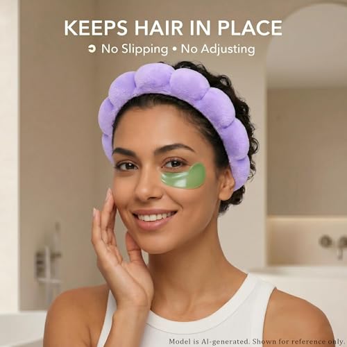 Skincare Headband Washing face Wristband Set, Purple | Soft absorbent fabric, snug head-hugging fit for face washing, skincare, makeup, masks, travel, women and teen girls - color: Purple