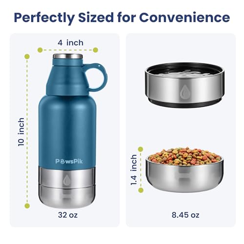 PawsPik 3-in-1 Travel Dog Water Bottle & Bowl Set, 32oz, Blue | Stainless Steel Vacuum-Insulated Bottle with Detachable Food & Water Bowls, Leak-Proof, Keeps Water Cold 12hrs/Hot 6hrs - color: Midnight Summit Blue