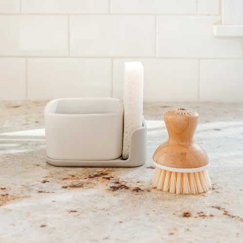 Full Circle Bubble Up Combo – Family Safe, Formaldehyde-Free – Gray Ceramic Soap Dish with Plant-Based Sponge & Bamboo Dish Brush – Versatile Kitchen Scrub Brush Set for Pots, Pans, Counter & Ovens