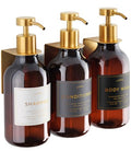 Shower Shampoo Dispenser Wall Mounted – 3 Refillable 16.9 oz Amber Bottles with Stainless Steel Pumps & No-Drill Adhesive Holders – Soap Dispenser Set for Bathroom (3 X Amber/Gold) - color: 3 X Amber/Gold