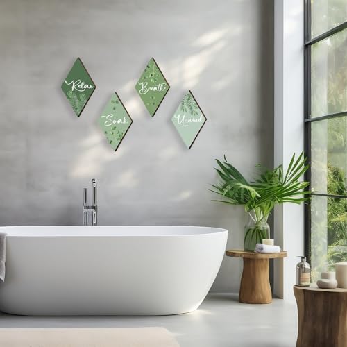 DONFENTHY 4 Pcs Sage Green Bathroom Decor Green Bathroom Accessories Relax Soak Unwind Breathe Wooden Sign Hanging Wall Art for Bedroom Living Room Office Decorations(12x7 Inches)