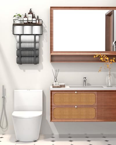 Rustic Brown Wood Vertical Towel Rack - Bath Wall Holder Set Above Toilet Storage, Rolled Towel Shelf Organizer for Small Bathrooms - color: Rustic
