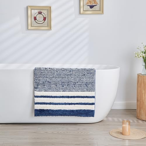 CozeCube Bath mats for Bathroom Non Slip, Fluffy Absorbent Microfiber Bath mat Washable, Aesthetic Bathroom Rugs, Cute Navy Blue Striped Bath mat, Navy Blue, 32" x 20" - color: Stirped-dark Blue, size: 2'8" x 1'8" (Rectangular)