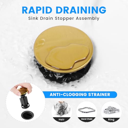 Bathroom Sink Drain with Overflow, Hurran Bathroom Sink Stopper for Bathroom Vanity Vessel Sink, Rapid Draining Plastic Pop-up Sink Drain with Hair Catcher Anti-Clog Strainer, Brushed Gold - color: Brushed Gold