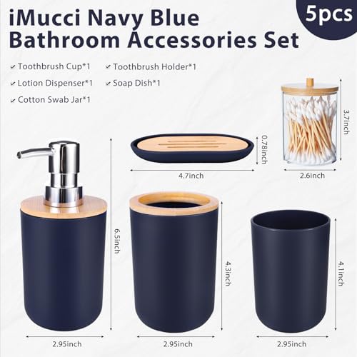 iMucci Bathroom Accessories Set 5Piece Navy Blue Bathroom Sets, Toothbrush Holder, Toothbrush Cup, Lotion Soap Dispenser, Soap Dish and Qtip Holder Bathroom Decor - style: Navy Blue