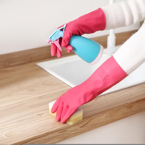 Bamllum Rubber Cleaning Gloves for Kitchen - 4 Pairs Reusable Dishwashing Gloves for Household, Flexible Long-lasting & Waterproof (Medium, Blue+Green+Red+Orange) - size: Medium