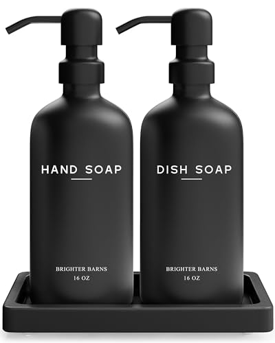 Black Glass Hand and Dish Soap Dispenser Set by Brighter Barns - Kitchen Soap Dispenser Set with Tray for Home, Airbnb, Vacation Rental, Gift - Minimalist Home Decor, Modern Kitchen Decor (Black) - color: Black Hd