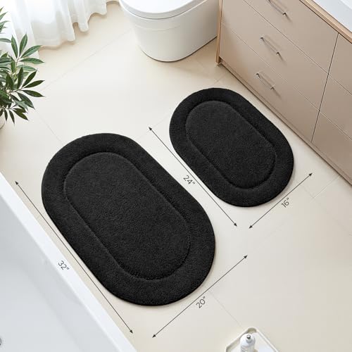 HOMEIDEAS Black Bathroom Rugs Sets, 2 Piece Small Bathroom Rugs, Soft, Absorbent Microfiber Mats, Machine Washable Bath Mats for Shower Room, Bathtub, Kitchen (20" x 32" + 16" x 24") - color: Black