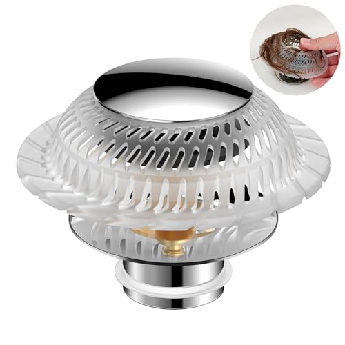 Hair Catcher Drain Stopper for Bathtub, Pop-Up with Silicone Filter, 3-Layer Brass Rust-Proof, One-Button Seal & Drain, Fits Standard U.S. Drains (1-1/2” & 1-3/8”), No Tools Needed - color: Sliver
