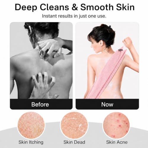 Yiclick Exfoliating Washcloth Towel with Handle, Back Scrubber for Shower, Exfoliating Body Scrubber Exfoliator, Japanese Wash Cloth for Body Scrub, Bath Sponge Loofah Luffa Washer Exfoliator - color: Blush
