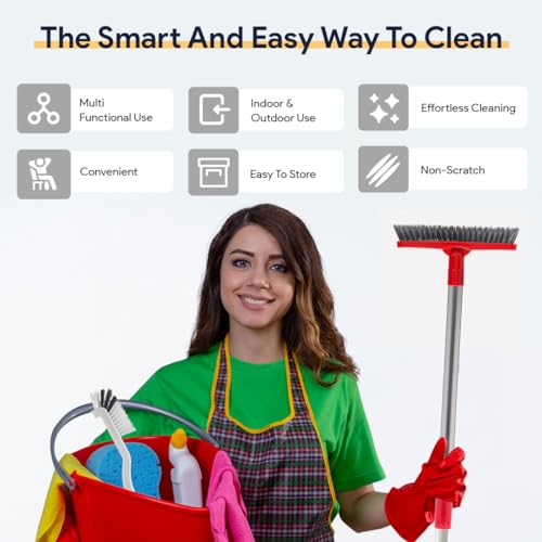 Foxtrot Living Grout Brush with Long Handle & Handheld Stiff Bristle Scrubber, V-Shaped Cleaner with Telescopic Handle for Easy Cleaning & Storage - Tile Floor Cleaning Brush - color: Red