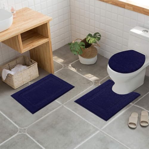 SHACOS Microfiber Bathroom Rugs Set of 3 with Toilet Lid Cover | Non Slip Washable Bath Mat Absorbent Bathroom Carpet 16"x24"+U Shape Toilet Rug 20"x24"+Toilet Lid Cover 19"x21", Navy Blue - color: Navy Blue, size: 16"x24"+U-Shape 20"x24"+Lid Cover 19"x21