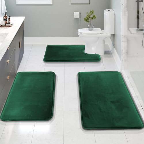 Clara Clark 3 Piece Bathroom Rugs Bath Mat Set, Velvet Memory Foam Bath Mats for Bathroom - Non-Slip, PVC Backing Bath Rugs, Washable - Dries Quickly, Green - color: Hunter Green, style: 17 x 24 + 20 x 32 + Contour