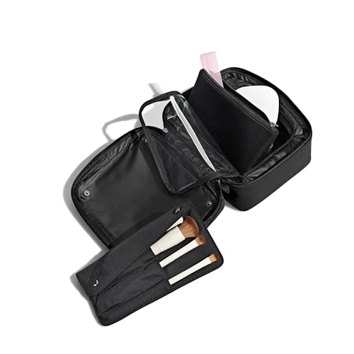 Away The Cosmetics Bag - Water-Repellent Cosmetic Travel Bag with Detachable Brush Organizer, Spill-Proof Bottom Compartment, Transparent Pockets - Jet Black - color: Jet Black