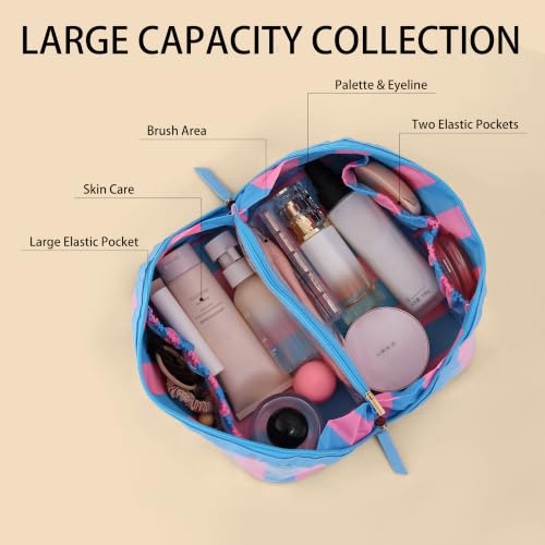 DYSHAYEN Stripe Travel Makeup Bag with Compartments Clear Coated Cosmetic Bag for Women, Waterproof Portable Open Flat Toiletry bag （Blue-Pink） - color: Blue-Pink