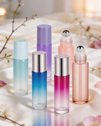 Worldgsb 25 Pack Essential Oil Roller Bottles, 10ml Refillable Glass Roller Bottles with Stainless Steel Roller Balls and Caps for Travel, Perfume and Lip Gloss Pink Gradient - color: Pink-Gradient, style: 25 Pack