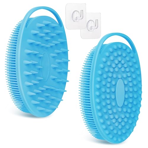 Soft Silicone Body Scrubber 2PCS, 2-in-1 Bath & Shampoo Brush with Dual-Side Usage, Hygienic Silicone Loofah Shower Scrubber for Gentle Exfoliating & Good Lathering(Bluex2) - color: Blue*2