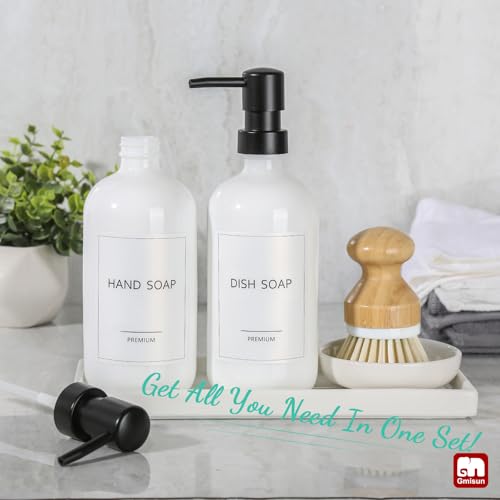 GMISUN Kitchen Soap Dispenser Set, 16 Oz Hand and Dish Soap Dispenser with Ceramic Tray & Bamboo Dish Brush, 2 Pack White Glass Liquid Pump Bottle, Modern Farmhouse Refillable Dish Soap Bottle - color: White Bottles + Black Pumps