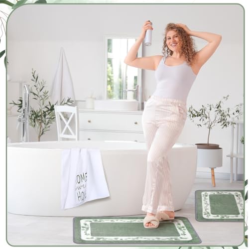 Nuanchu 6 Pcs Sage Green Bathroom Rugs Set with Eucalyptus Leaves Hand Flowers Towels Non Slip U-Shaped Fresh Toilet Rug Water Absorption Bath Mat for Bathroom Bedroom Living Room - color: Green, style: Eucalyptus Leaves