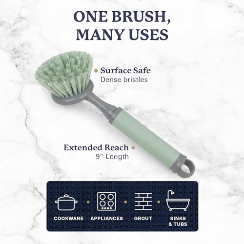 Farberware Dish Brush with Handle, 2 Pack, Firm Bristles | Kitchen scrub brush and dish scrubber removes grease, reaches pot and pan edges, 9in, round head, soft-grip design - color: Sage