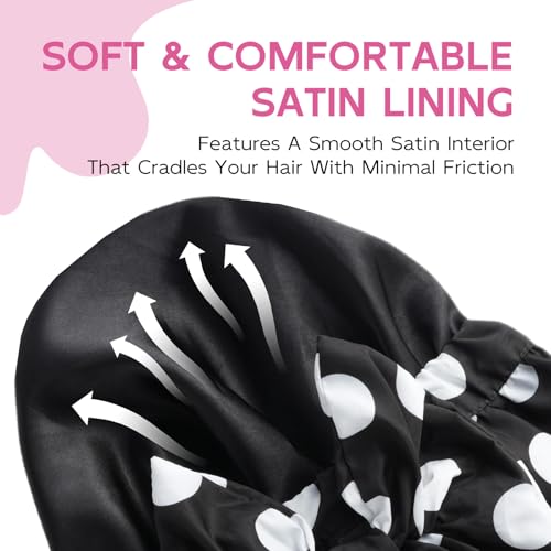 Years Calm Extra Large Shower Cap for Long Thick Hair – Waterproof Double Layer Bath Cap with Satin Lining, Secure Elastic Fit for Braids, Curls & Extensions - color: Black Polka Dots