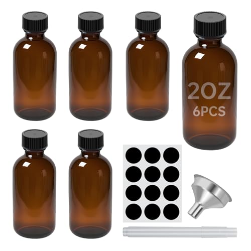 2 oz Amber Glass Bottles - Small Glass Jars with Black Lids Empty Boston Bottle,Dispensing Bottles for Homemade Vanilla Extract, Essential Oils, Herbal Medicine (6)