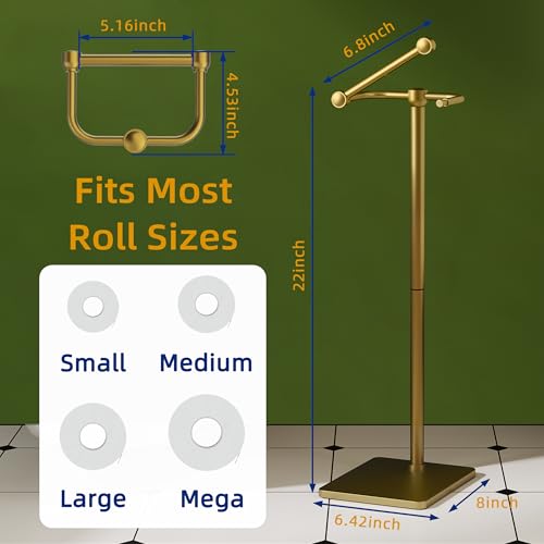 RUACQ Toilet Paper Holder Stand, Bathroom Toilet Paper Roll Holder Free Standing, Toilet Tissue Holder Stand with Post Pivoting Design, Stable Weighted Base, SUS304 Stainless Steel (Brushed Gold) - color: Brushed Gold, size: Free Standing