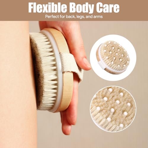 4PCS Dry Brushing Body Brush Set, Bamboo Dry Brush for Body Face Foot, Boar Bristle Long Handle Face Cleansing Shower Scrubber Brushes